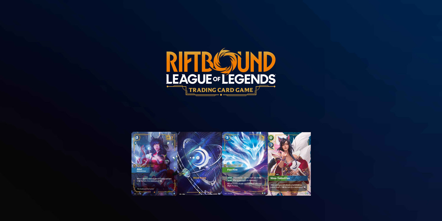Riftbound League of Legends Trading Card Game logo with singles below on a navy blue background