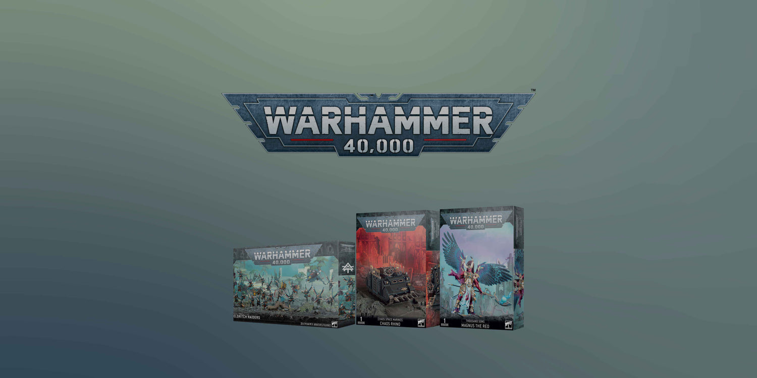 Warhammer 40k Logo with warhammer products beneath on a grey blue background