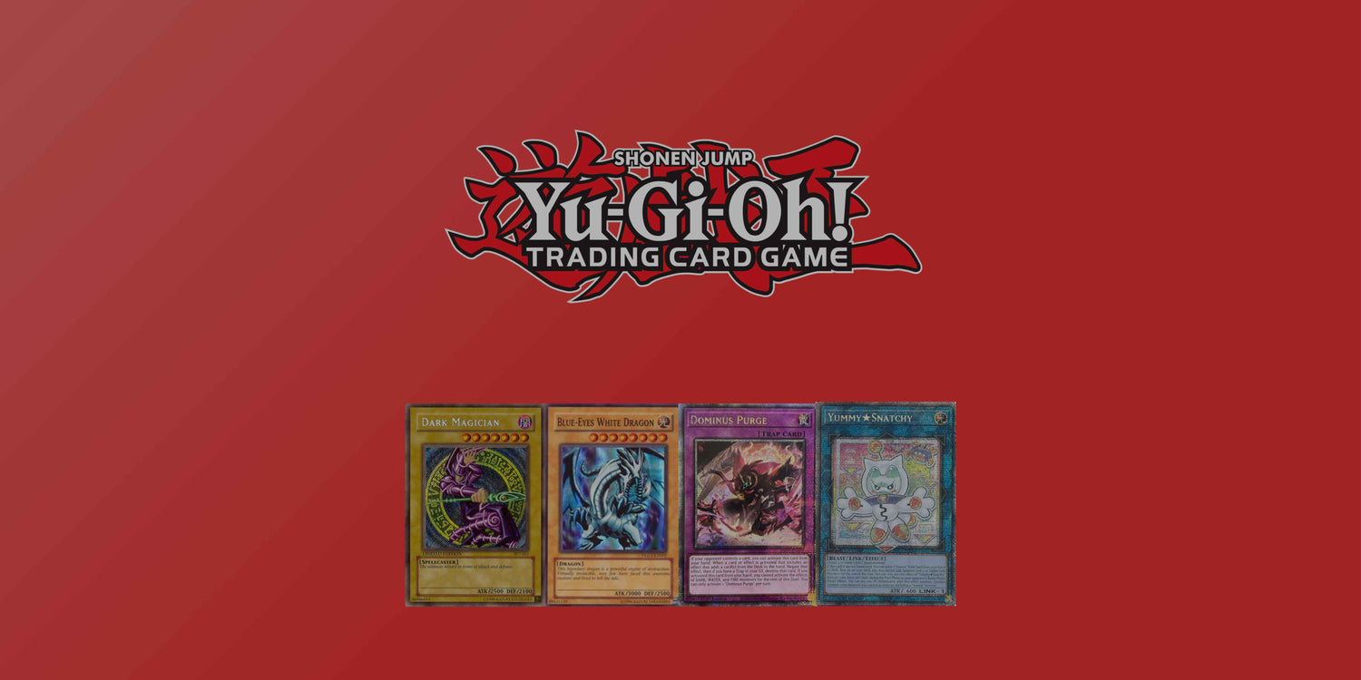 Yu-Gi-Oh trading card game logo with 4 singles below on a red background