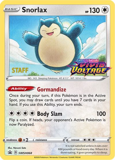 Snorlax (SWSH068) (Staff Prerelease Promo) [Sword & Shield: Black Star Promos] - Pokémon - Card Brawlers | Quebec | Canada |