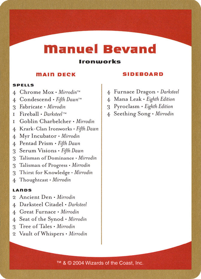 Manuel Bevand Decklist [World Championship Decks 2004] - Magic: The Gathering - Card Brawlers | Quebec | Canada |