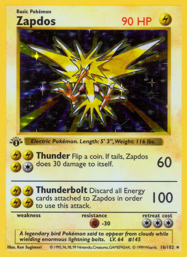 Zapdos (16/102) (Shadowless) [Base Set 1st Edition] - Pokémon - Card Brawlers | Quebec | Canada |