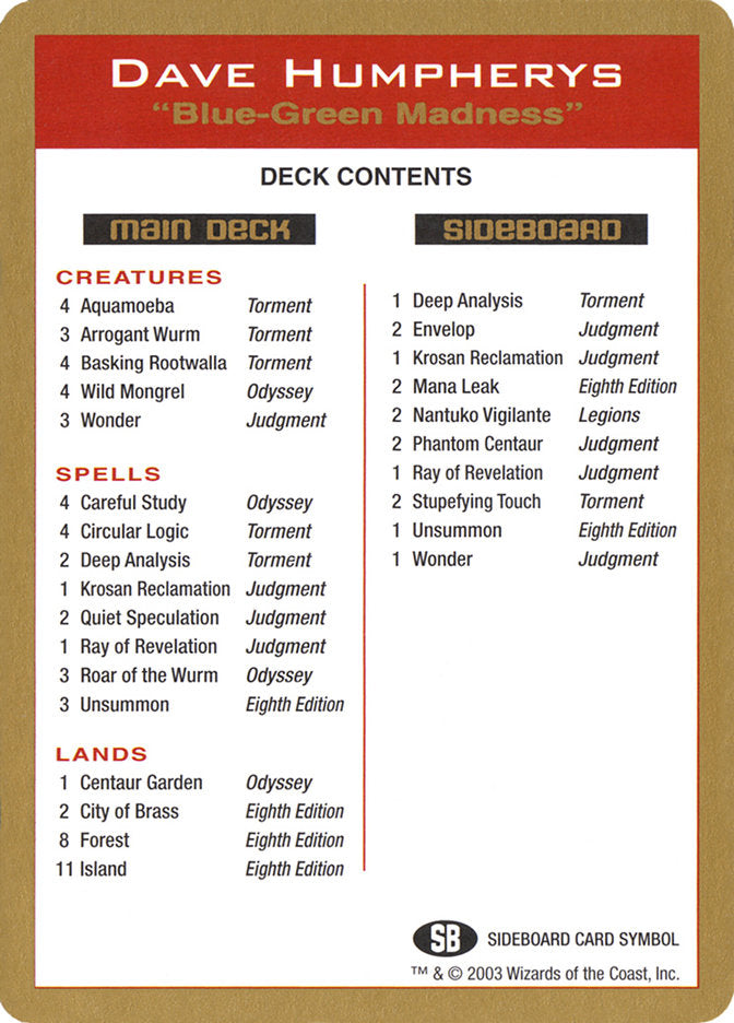 Dave Humpherys Decklist [World Championship Decks 2003] - Magic: The Gathering - Card Brawlers | Quebec | Canada |