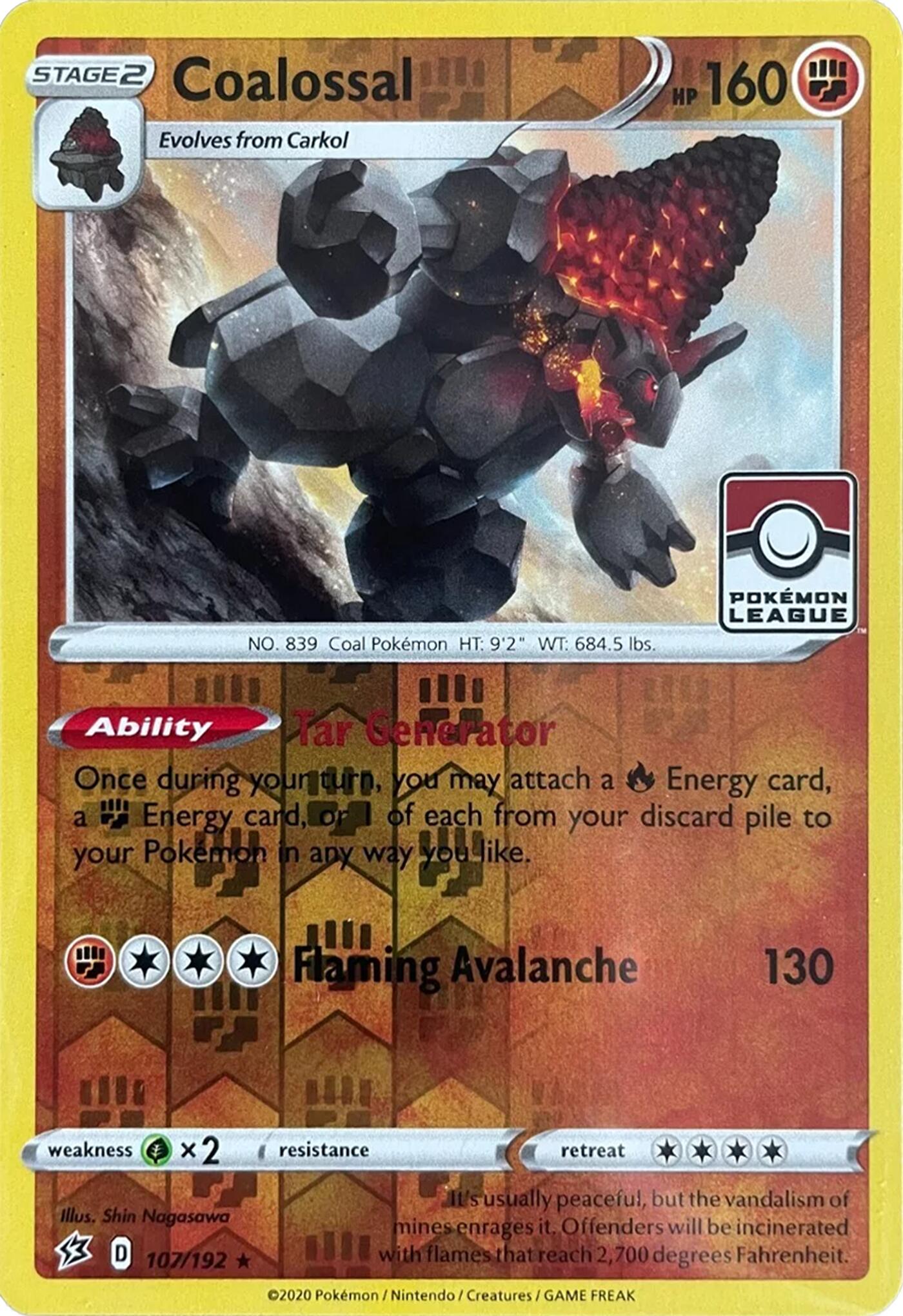 Coalossal (107/192) (League Promo) [Sword & Shield: Rebel Clash] - Pokémon - Card Brawlers | Quebec | Canada |