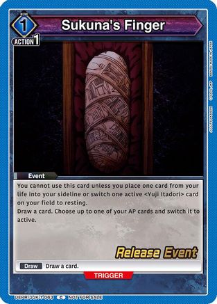 Sukuna's Finger (UEPR/JJK-1-063) - UE03BT Jujutsu Kaisen Release Event Cards - UE03BT: Jujutsu Kaisen Release Event Cards - Card Brawlers | Quebec | Canada |