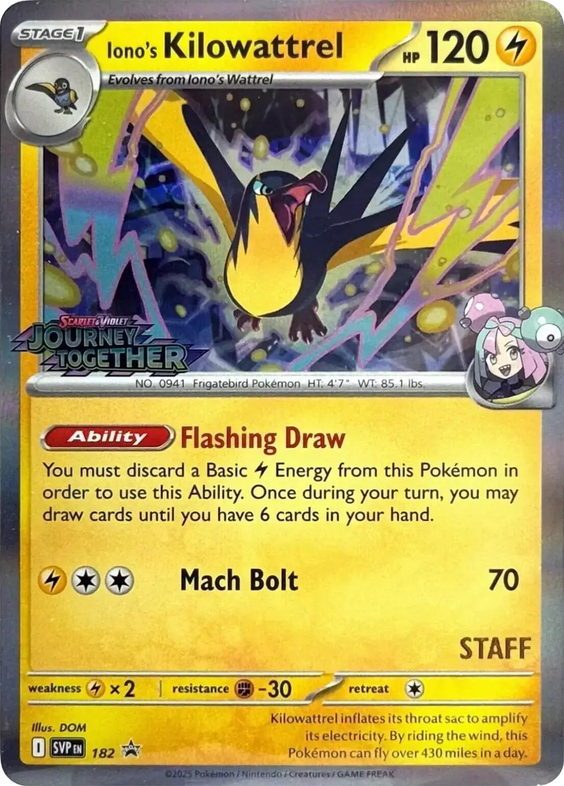 Iono's Kilowattrel (182) (Prerelease Staff) [Scarlet & Violet: Black Star Promos] - Pokémon - Card Brawlers | Quebec | Canada |