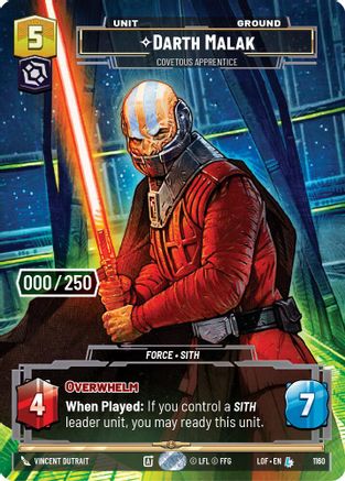 Darth Malak - Covetous Apprentice (1160) (Serialized) (1160) [Legends of the Force] - Fantasy Flight Games - Card Brawlers | Quebec | Canada |
