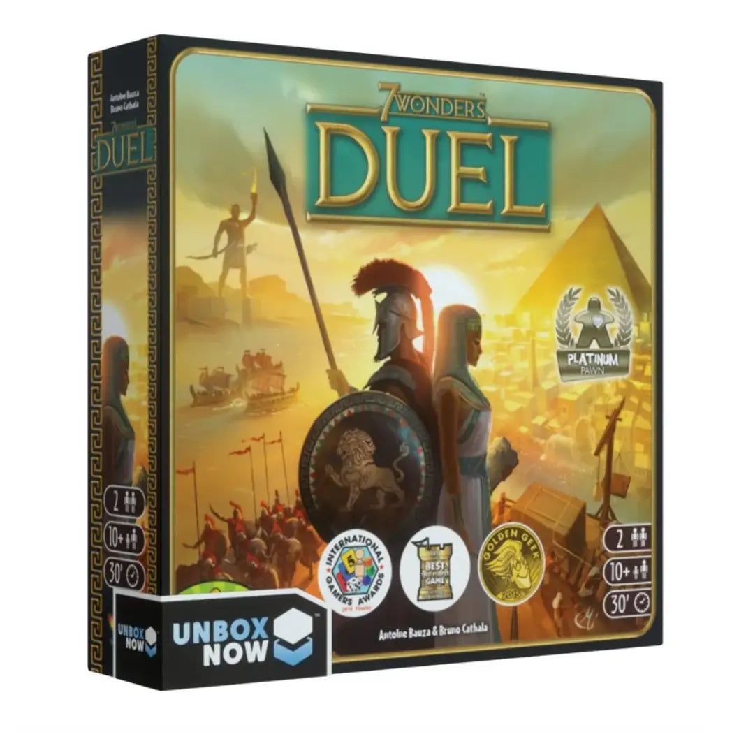 7 Wonders Duel board game box featuring a Greek soldier and Egyptian queen standing before a pyramid at sunset