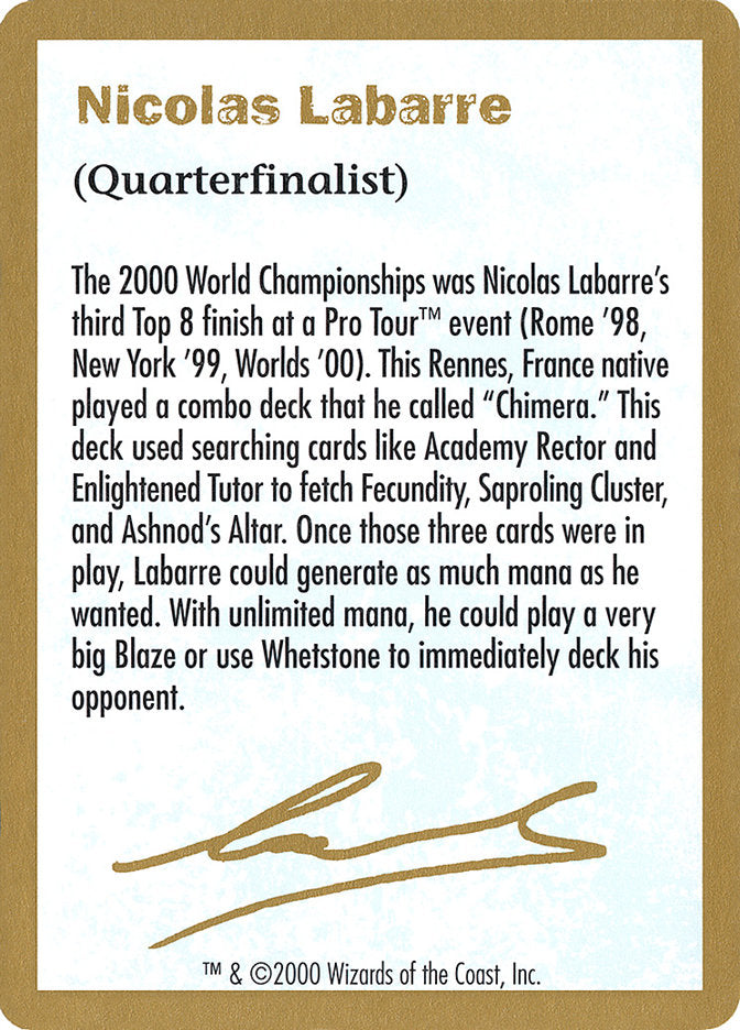Nicolas Labarre Bio [World Championship Decks 2000] - Magic: The Gathering - Card Brawlers | Quebec | Canada |