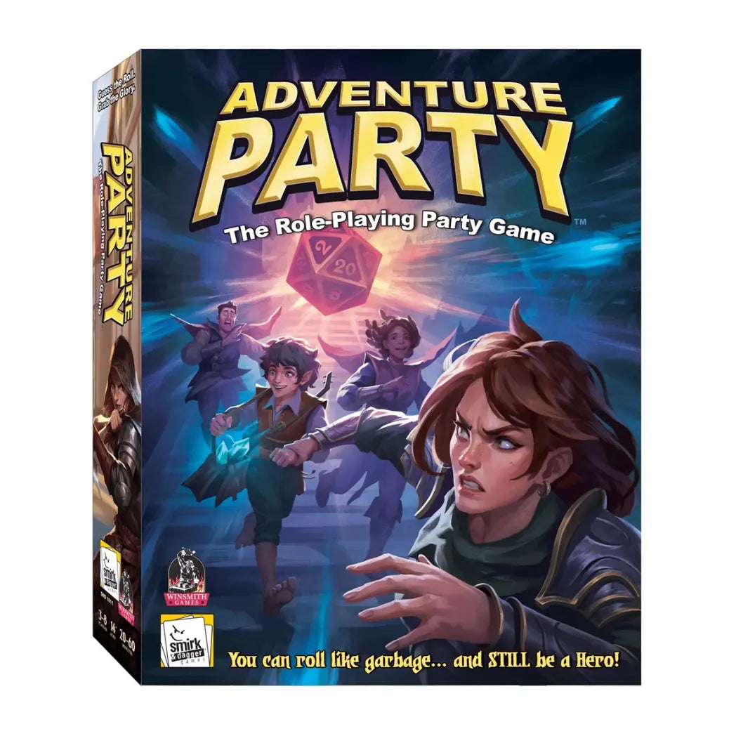 Adventure Party board game box featuring a group of fantasy adventurers running toward a glowing d20 die on a dark blue background.