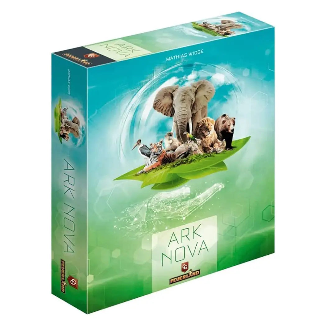 Ark Nova board game box featuring an elephant, lion, and other animals on a floating leaf against a green and blue background.