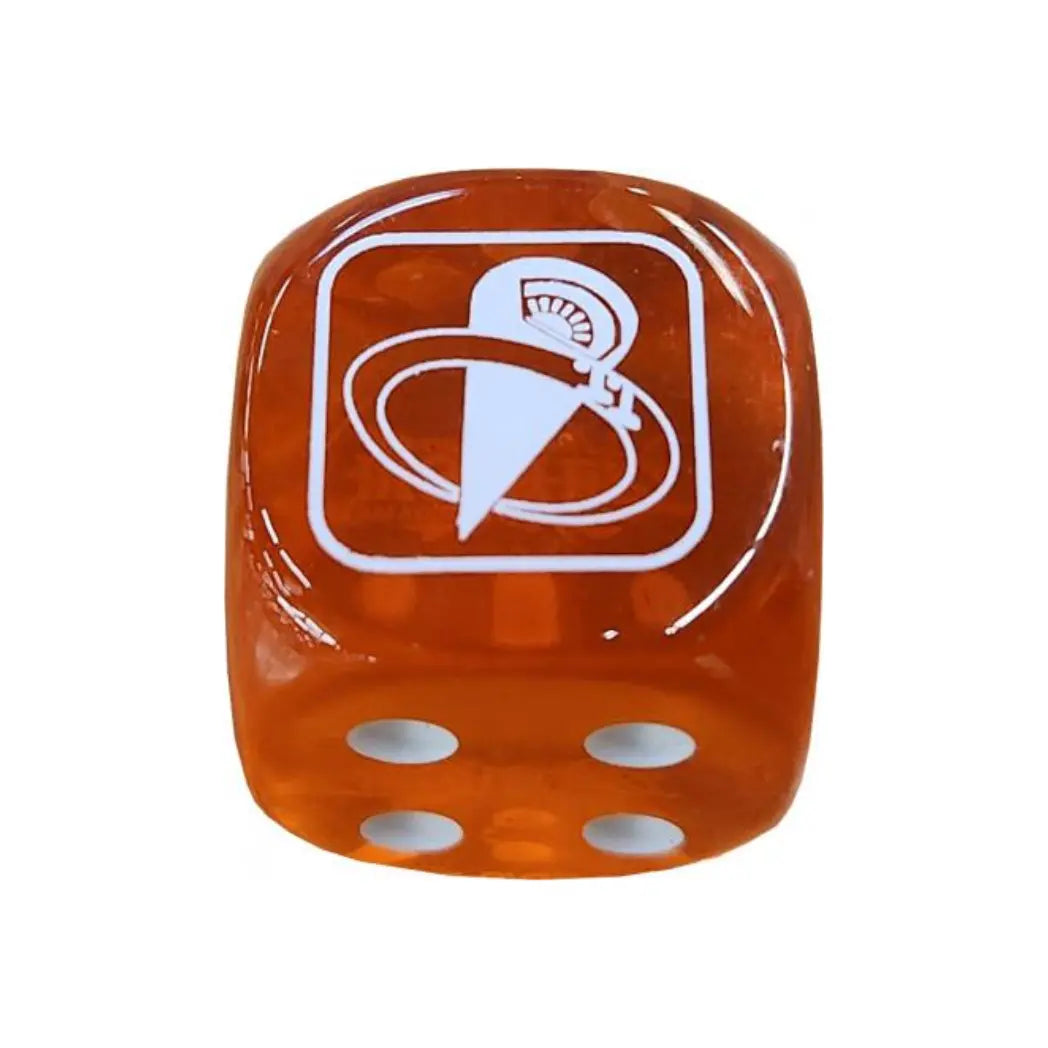 Translucent orange six-sided dice featuring a white “Big Eye” emblem from Battles of Legend: Chapter 1, with white pips on a clean white background