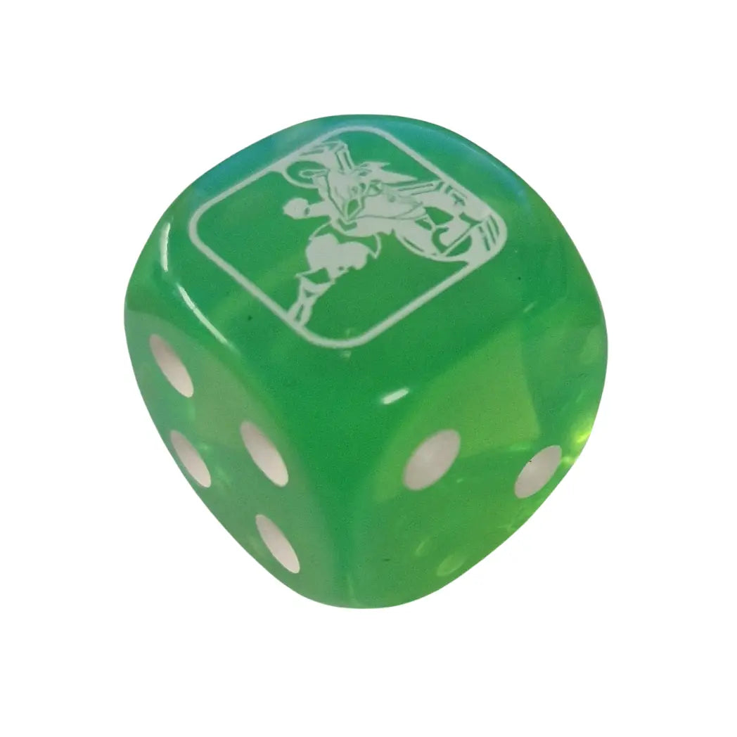 Translucent green six-sided dice featuring a white “Elemental Hero Stratos” emblem from Battles of Legend: Chapter 1, with white pips on a clean white background
