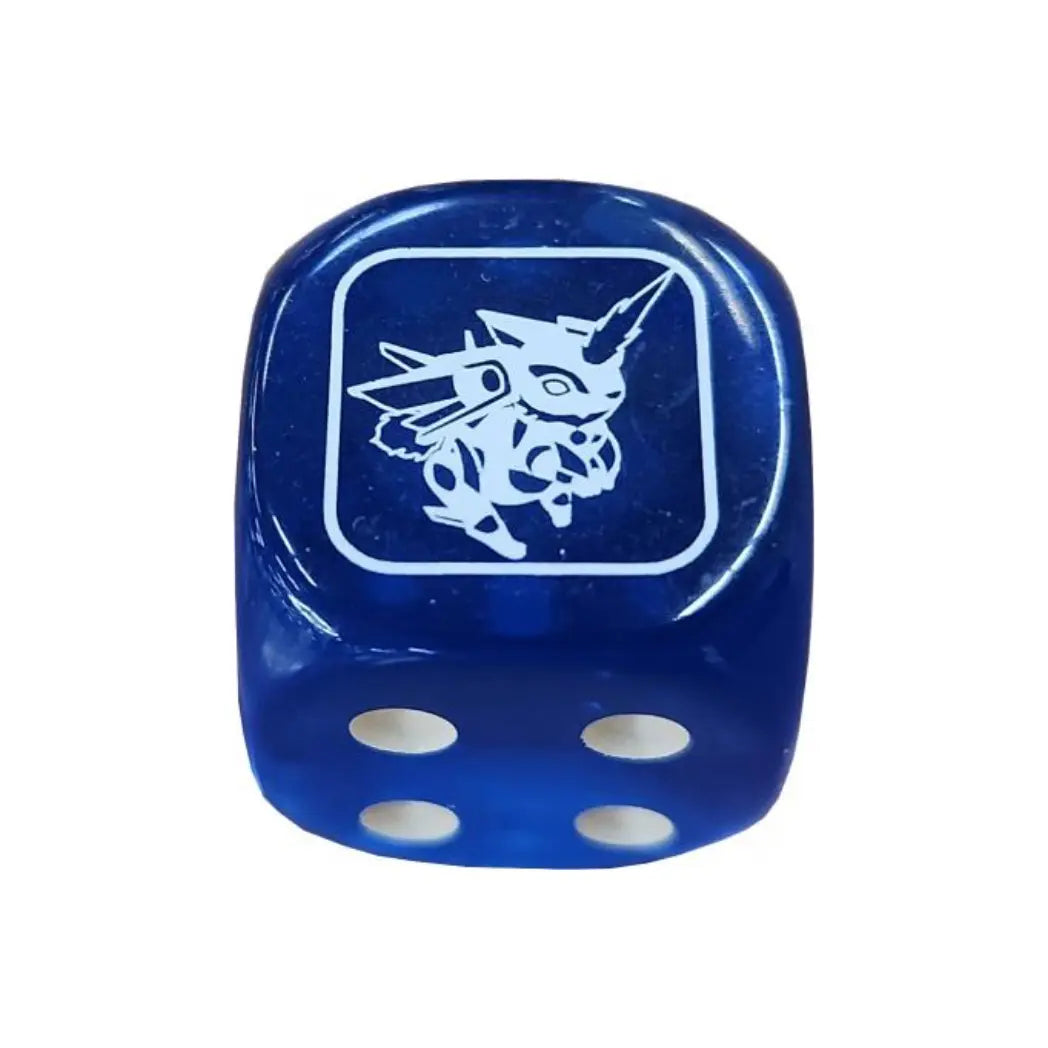 Translucent blue six-sided dice featuring a white “Salamangreat Almiraj” emblem from Battles of Legend: Chapter 1, with white pips on a clean white background