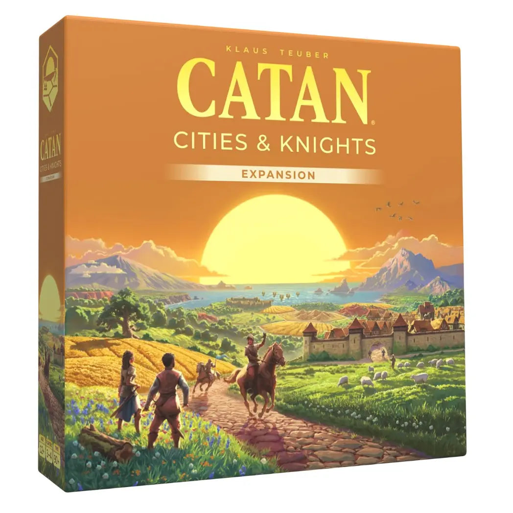 Catan Cities & Knights Expansion box featuring a knight on horseback and a sunset over a sprawling valley and coastal city.