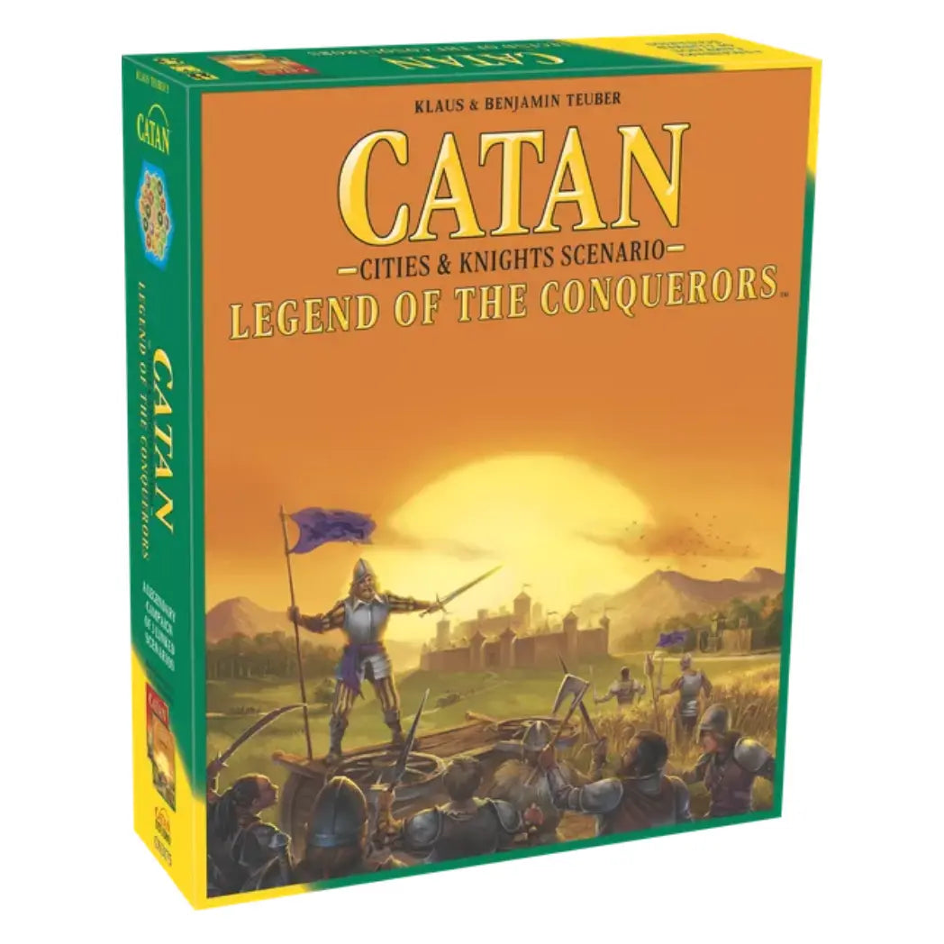 Catan Legend of the Conquerors box featuring a knight with a sword and purple flag against a yellow sunset background.