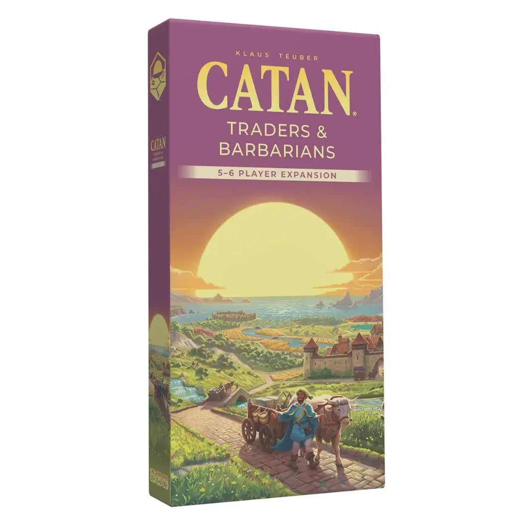 Catan: Traders & Barbarians 5-6 players Expansion box featuring a trader with a wagon and ox on a path at sunset.