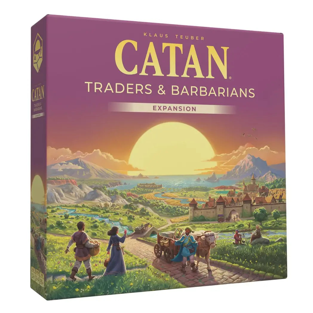 Catan Traders & Barbarians Expansion box featuring travelers on a road toward a coastal city under a large setting sun.