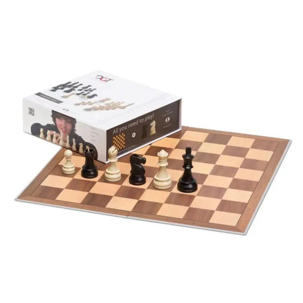 DGT Chess Starter Box featuring several black and white chess pieces standing on a wooden chessboard.