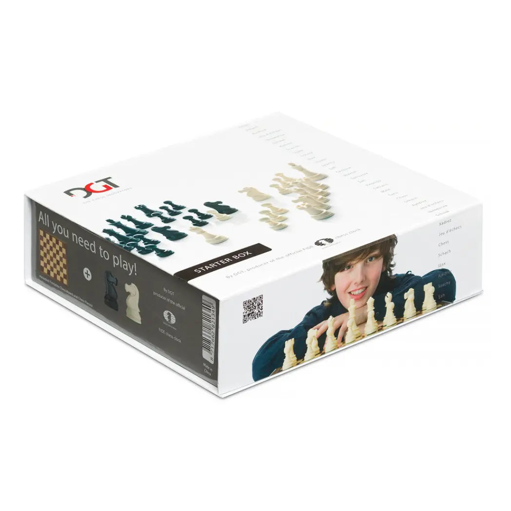 DGT Chess Starter Box featuring black and white chess pieces.