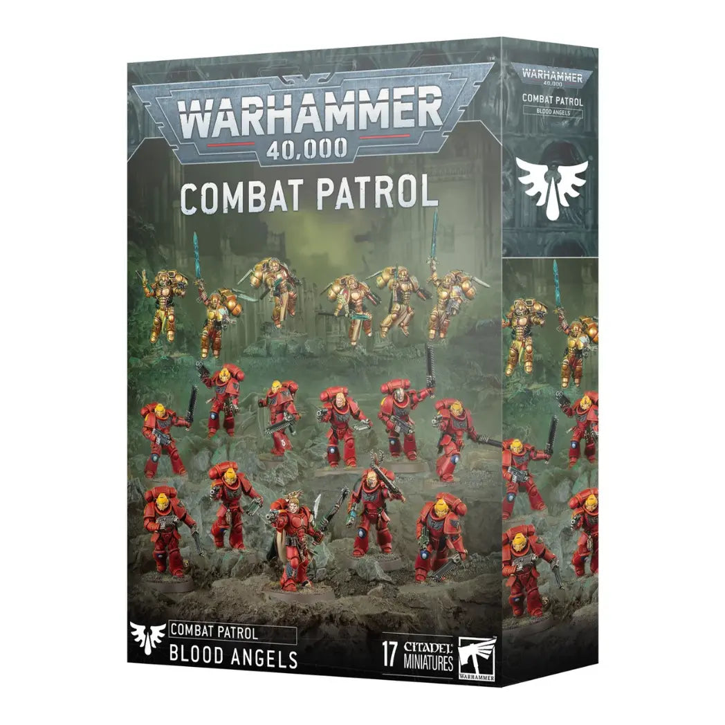 Warhammer 40,000 Blood Angels Combat Patrol box featuring red and gold armored space marines on a dark, rocky terrain.