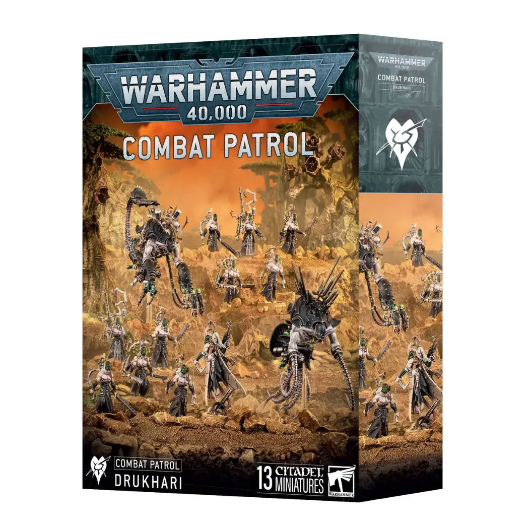 Warhammer 40,000 Drukhari Combat Patrol box featuring dark-armored eldar warriors and spiked transport ships in a green void.