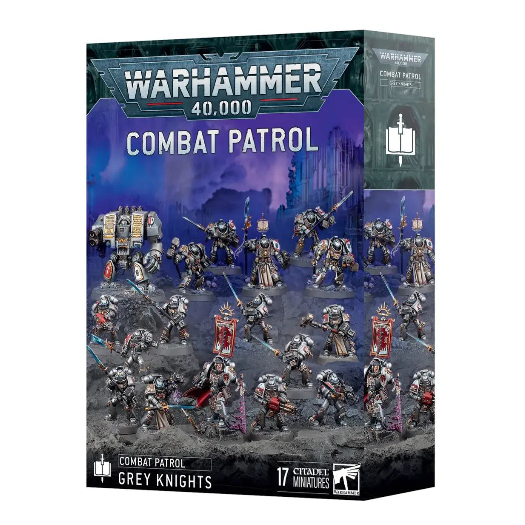 Warhammer 40,000 Grey Knights Combat Patrol box featuring silver-armored soldiers and a large mech on a purple rocky landscape.