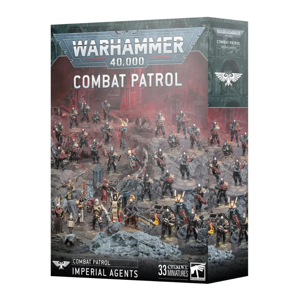 Warhammer 40,000 Imperial Agents Combat Patrol box featuring various armored soldiers and inquisitors on grey rocky terrain.