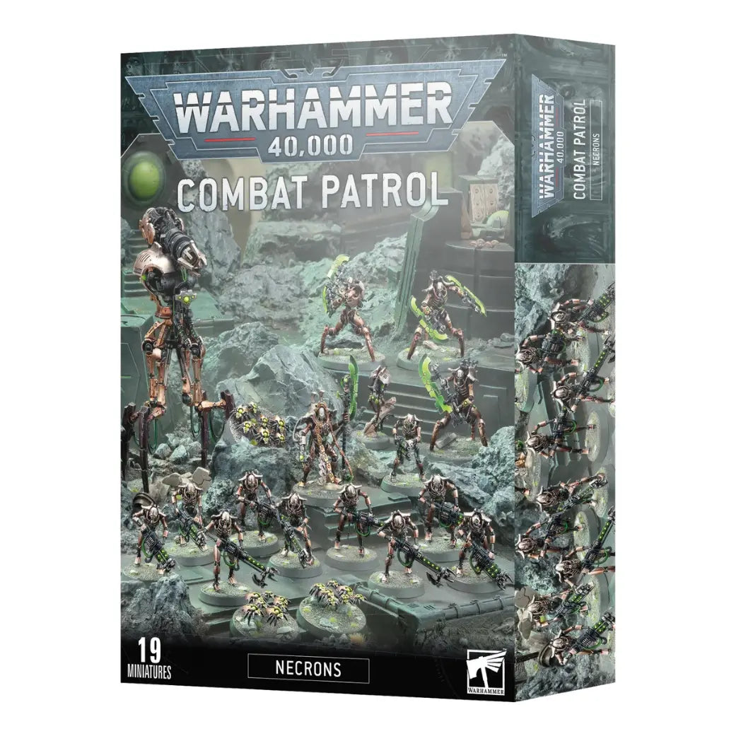 Warhammer 40,000 Necrons Combat Patrol box featuring metallic skeletal warriors with glowing green weapons on a grey rocky terrain.