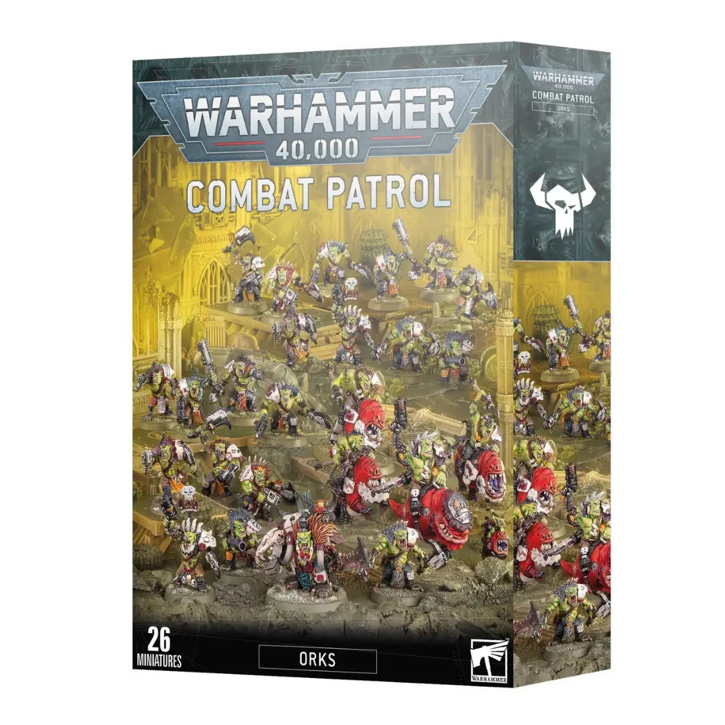Warhammer 40,000 Orks Combat Patrol box featuring green-skinned warriors and red beasts against a yellow industrial backdrop.