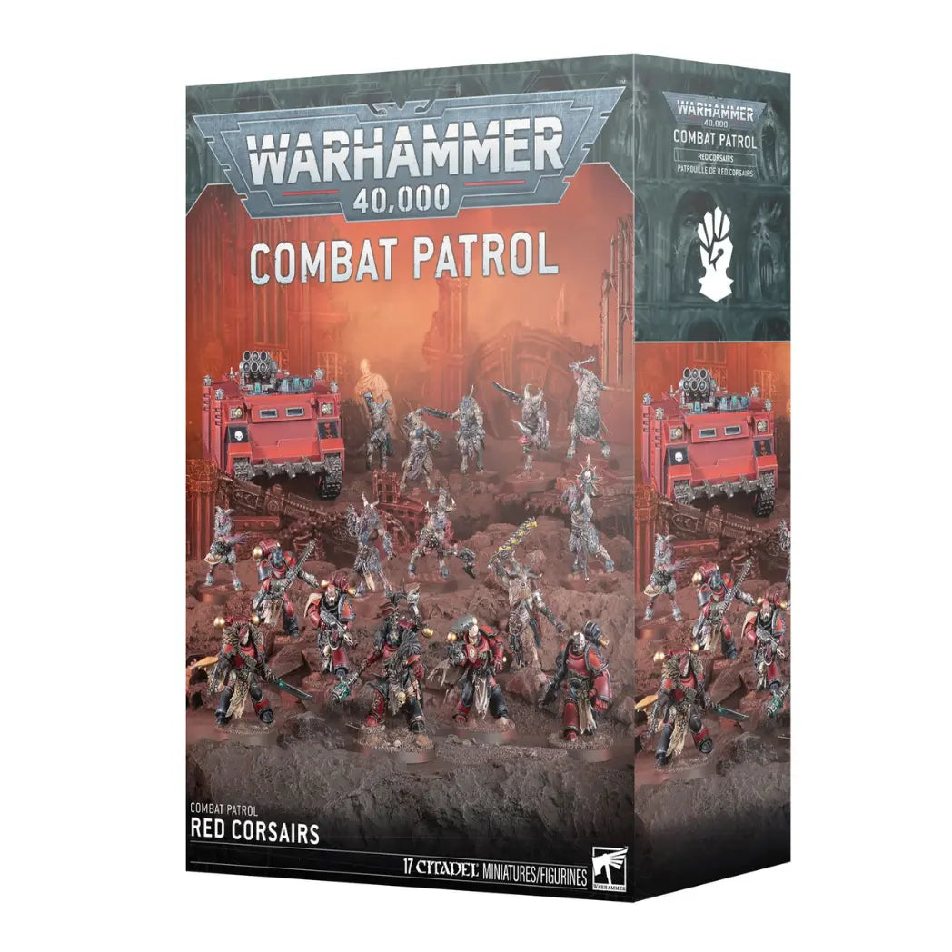 Warhammer 40,000 Red Corsairs Combat Patrol box featuring red-armored troops and a tank on a rocky, orange-hued terrain.
