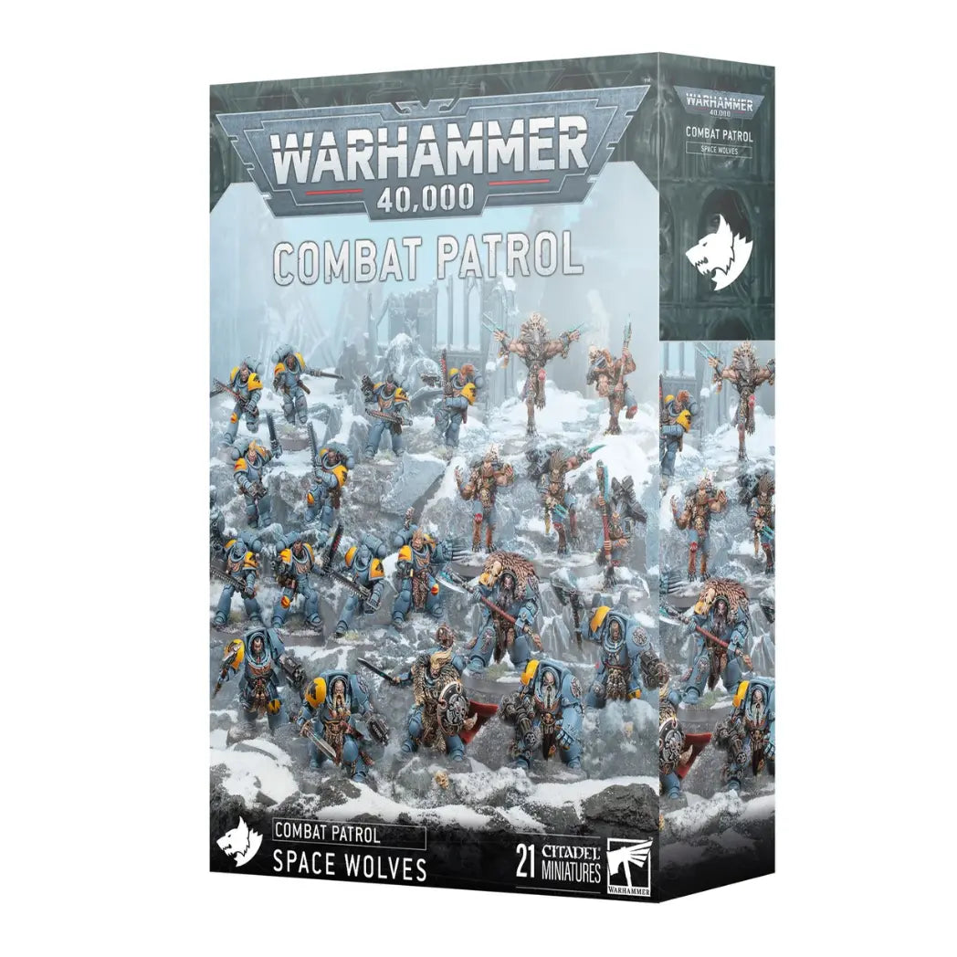 Warhammer 40,000 Space Wolves Combat Patrol box featuring blue-grey armored warriors and wolf-like figures on a snowy landscape.