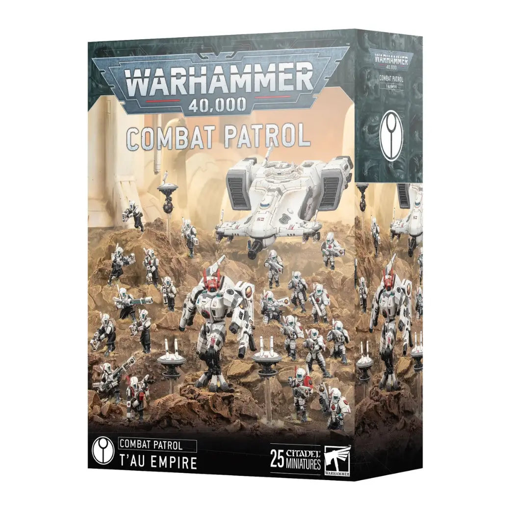 Warhammer 40,000 T'au Empire Combat Patrol box featuring white armored soldiers and mechs on a brown rocky landscape.
