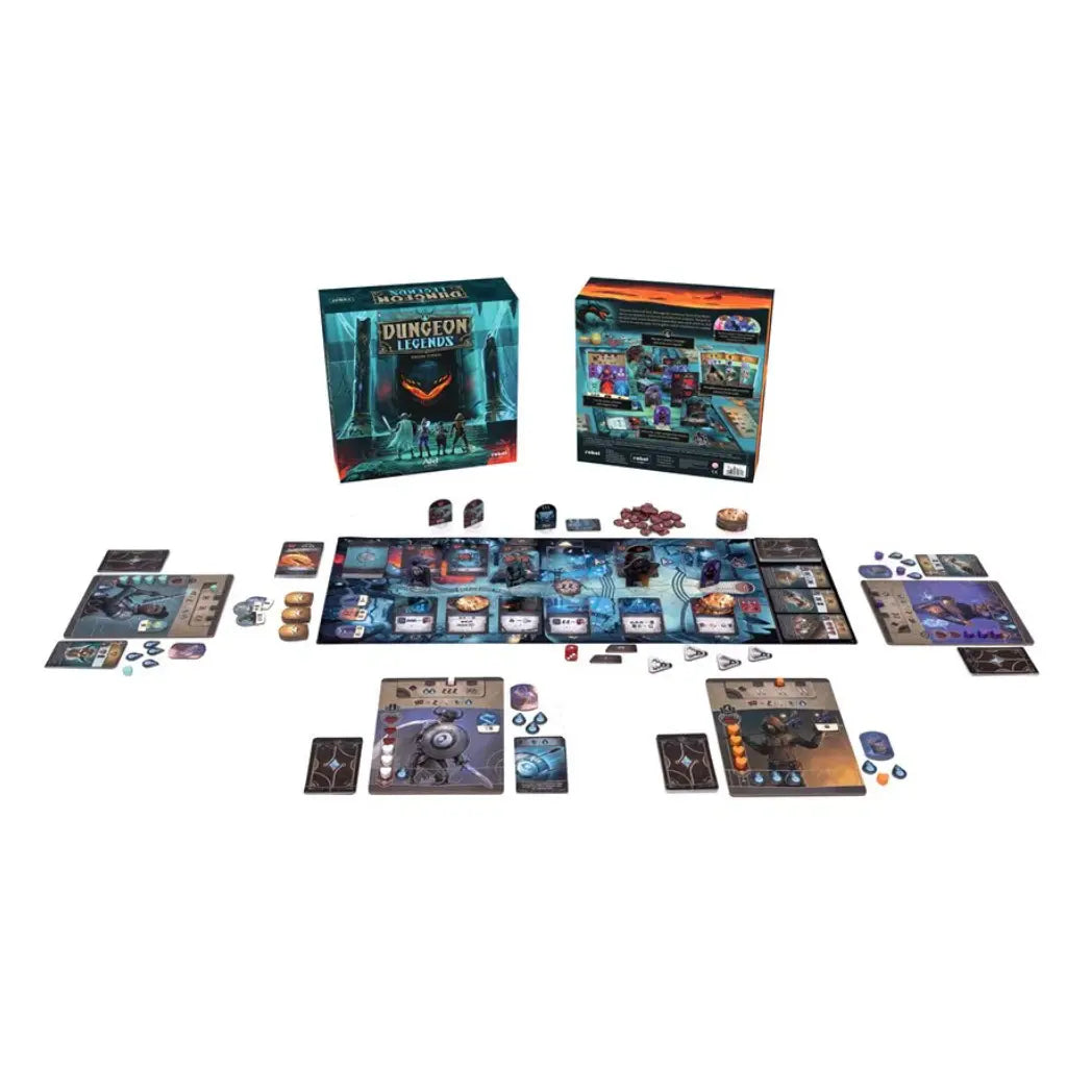 Dungeon Legends board game setup featuring character mats, a central adventure board, various cards, and tokens.