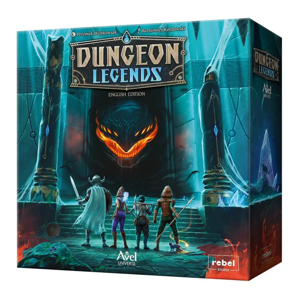 Dungeon Legends board game box featuring four adventurers facing a giant glowing monster eye in a dark, icy blue dungeon.