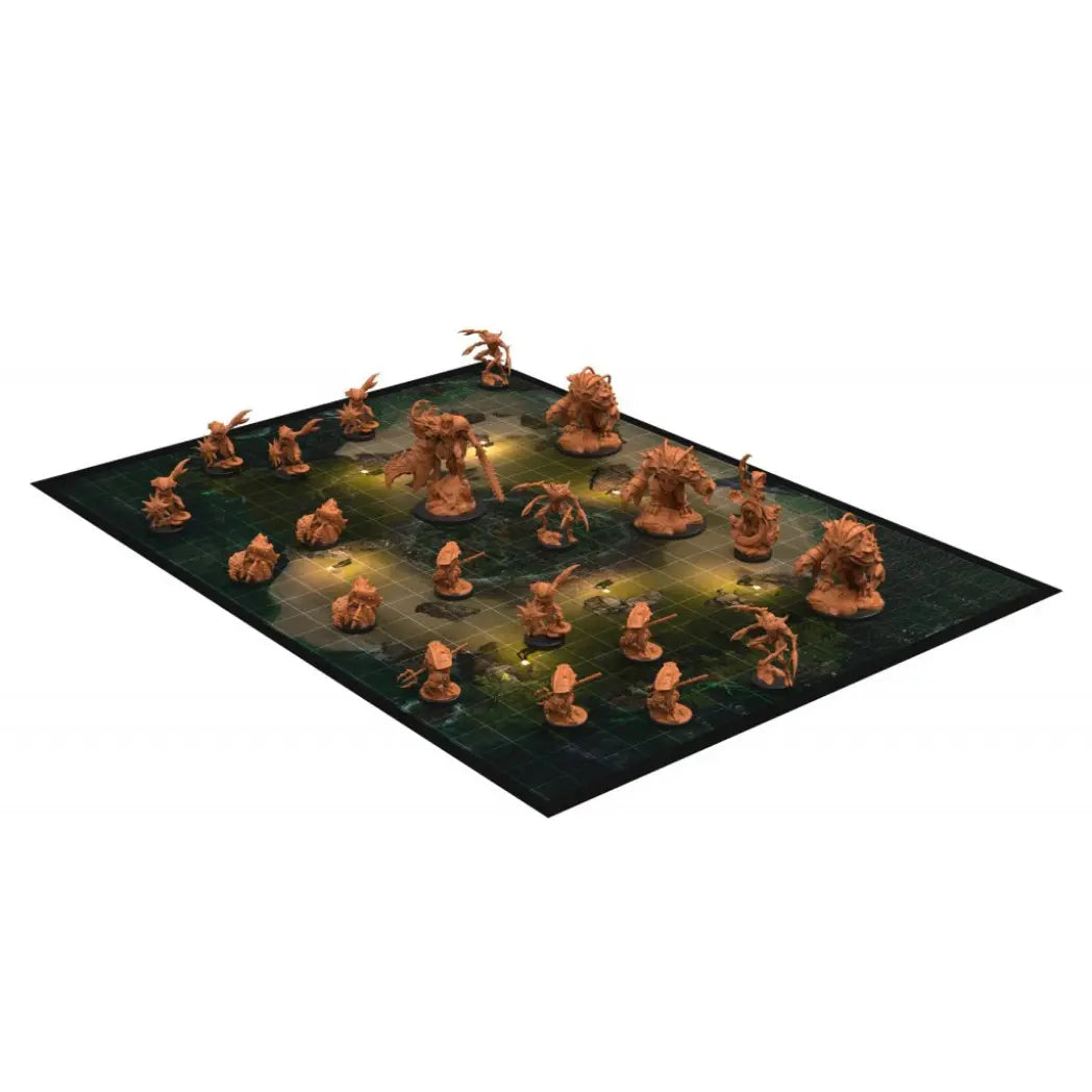 Epic Encounters: Island of the Crab Archon miniatures including various crab-like warriors on a dark, swampy grid map.