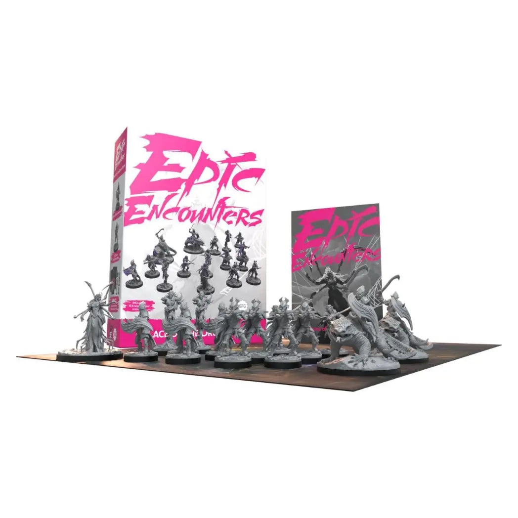 Epic Encounters: Palace of the Drow Queen set including several grey drow and spider miniatures on a dark game mat.