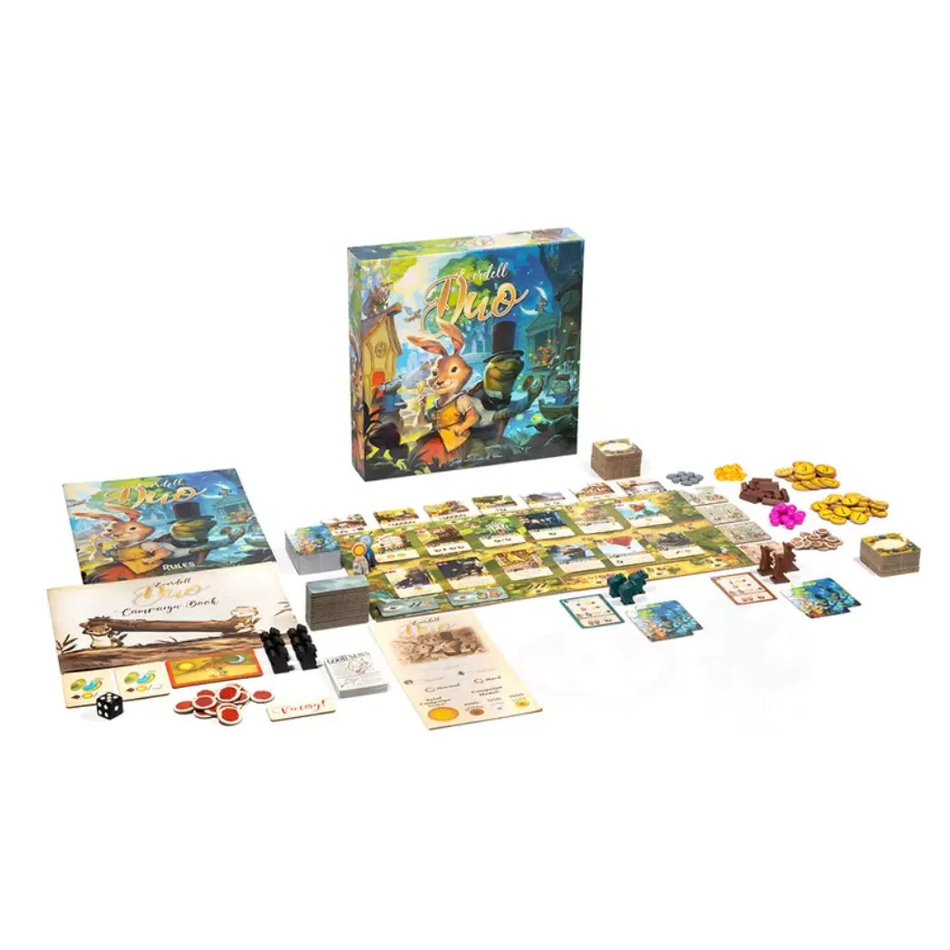 Everdell Duo board game components including various cards, tokens, a campaign book, and game boards.