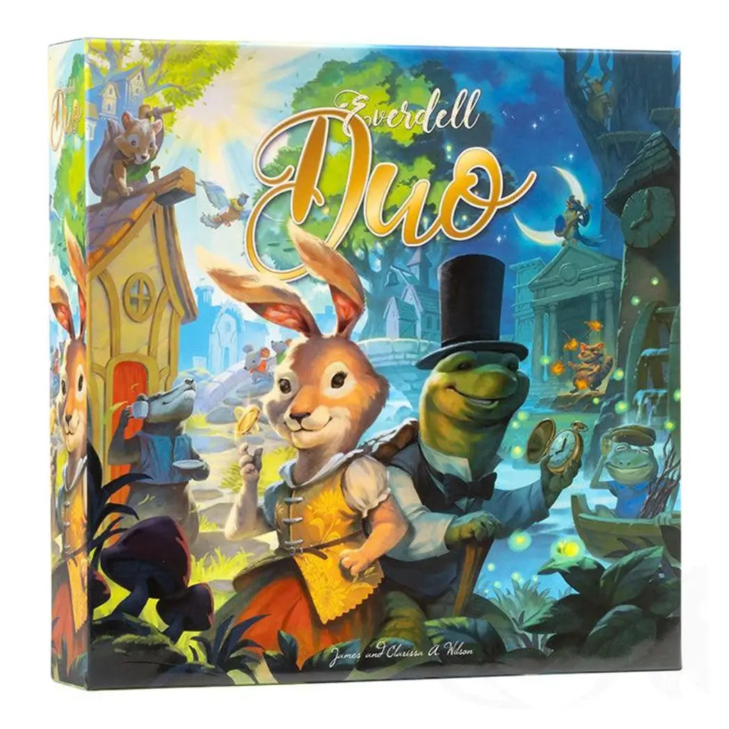Everdell Duo board game box featuring a rabbit and a turtle in formal attire against a whimsical woodland village background.
