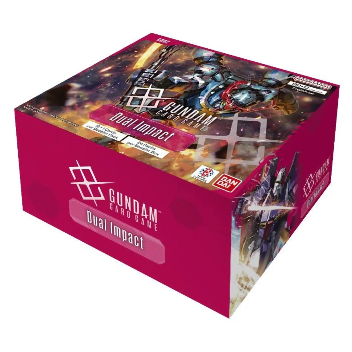 Gundam Card Game Dual Impact Booster Box packaging, featuring pink accents and a mecha robot in an explosive combat scene.
