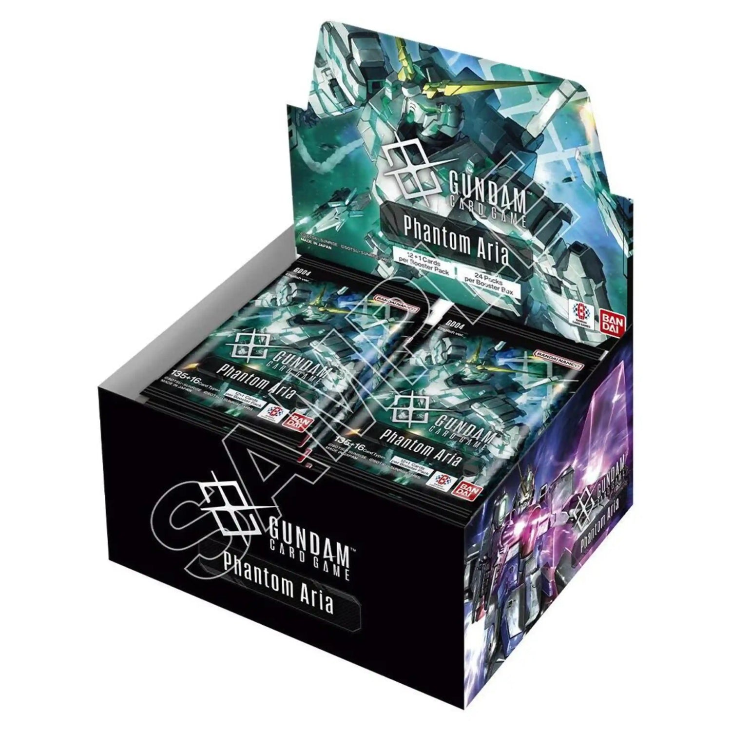 Gundam Card Game Phantom Aria Booster Box display, featuring the green Unicorn Gundam mecha robot artwork on the packaging.