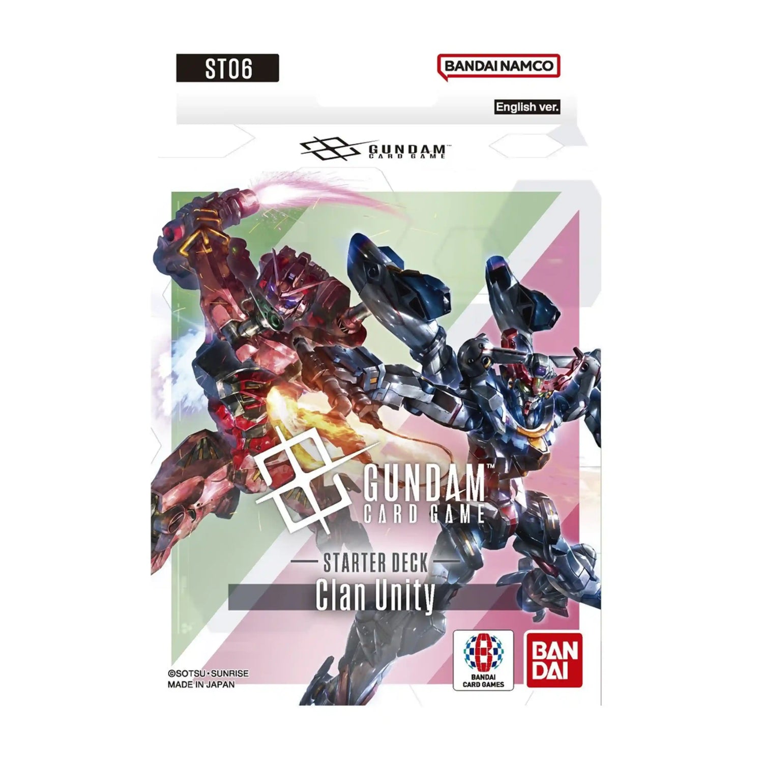 Gundam Card Game ST06 Clan Unity Starter Deck packaging, featuring red and blue mecha robots fighting in a combat artwork.