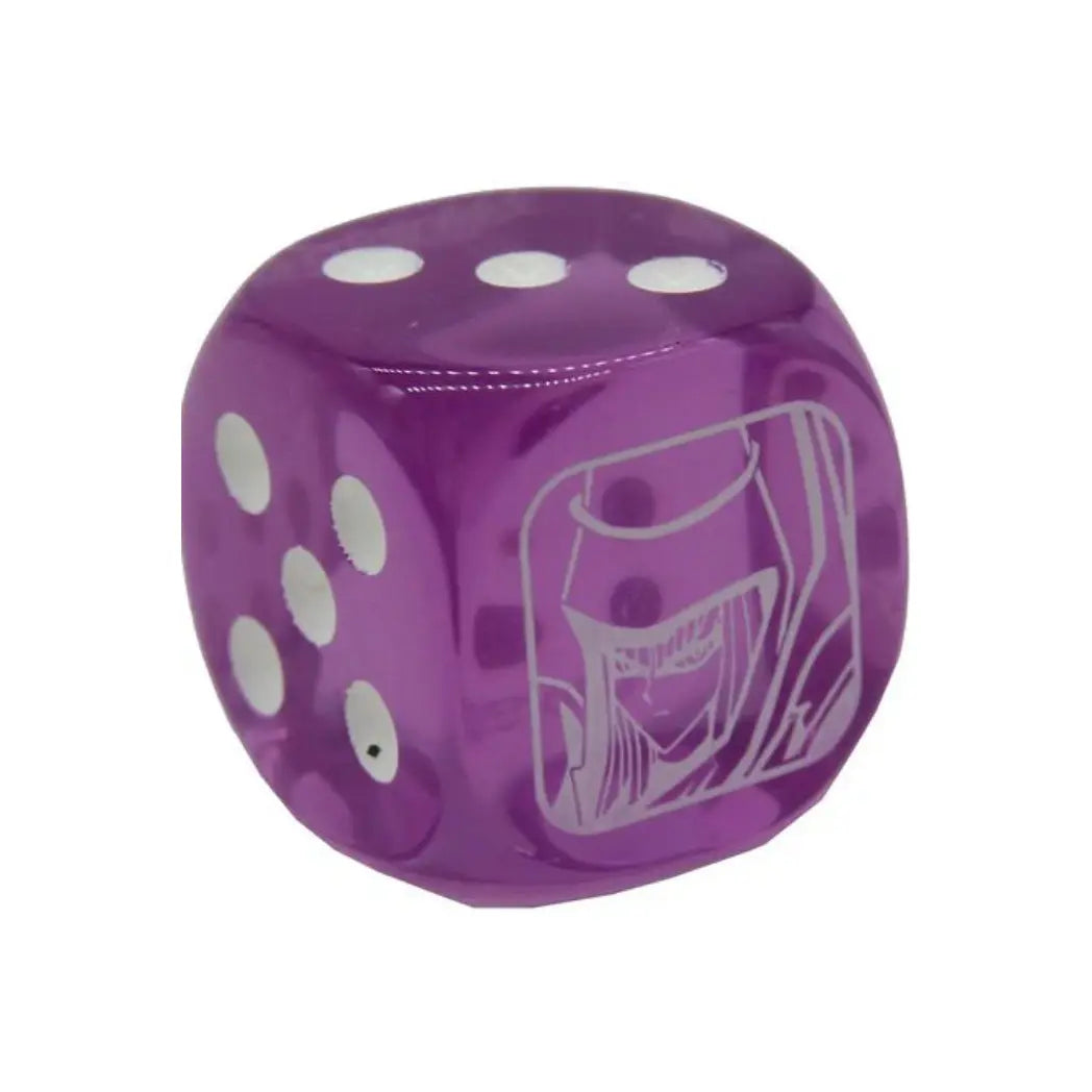 Translucent purple six-sided dice featuring a grey “Dark Magician” emblem from Legendary Duelists: Season 3, with white pips on a clean white background