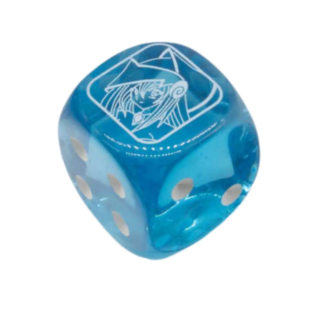 Translucent light-blue six-sided dice featuring a white “Dark Magician Girl” emblem from Legendary Duelists: Season 3, with white pips on a clean white background