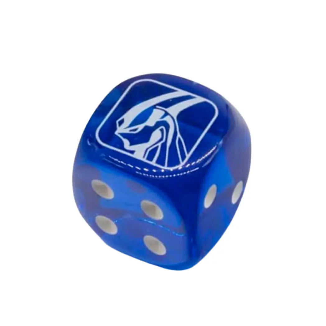 Translucent blue six-sided dice featuring a white “Elemental Hero Neos” emblem from Legendary Duelists: Season 3, with white pips on a clean white background
