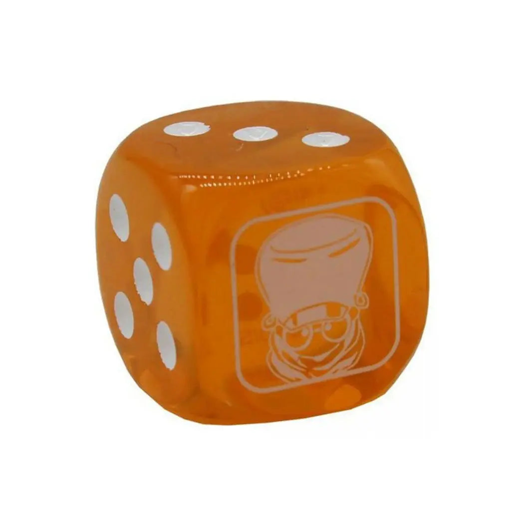 Translucent orange six-sided dice featuring a grey “Junk Synchron” emblem from Legendary Duelists: Season 3, with white pips on a clean white background