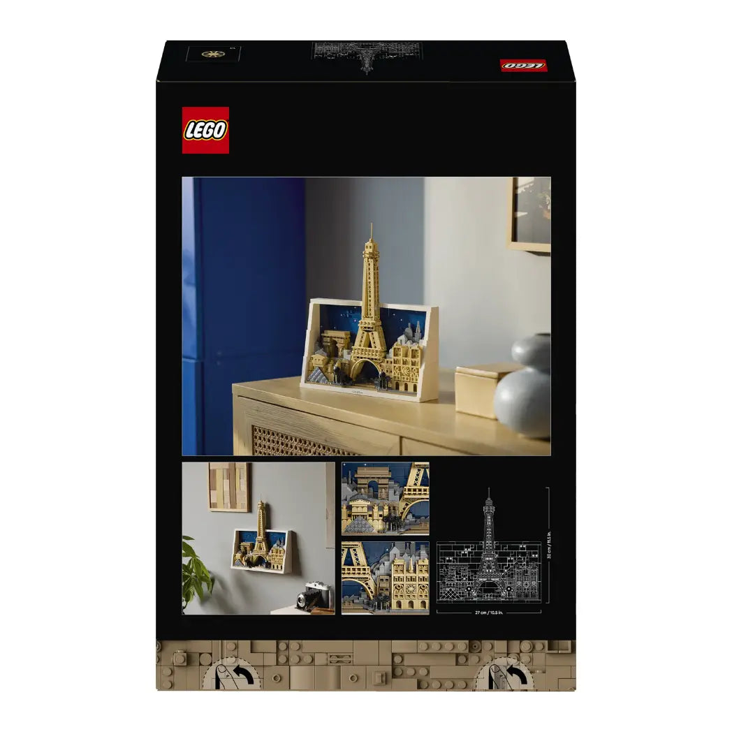Back of LEGO Architecture Paris box showing the model displayed on a desk and wall against a black background.