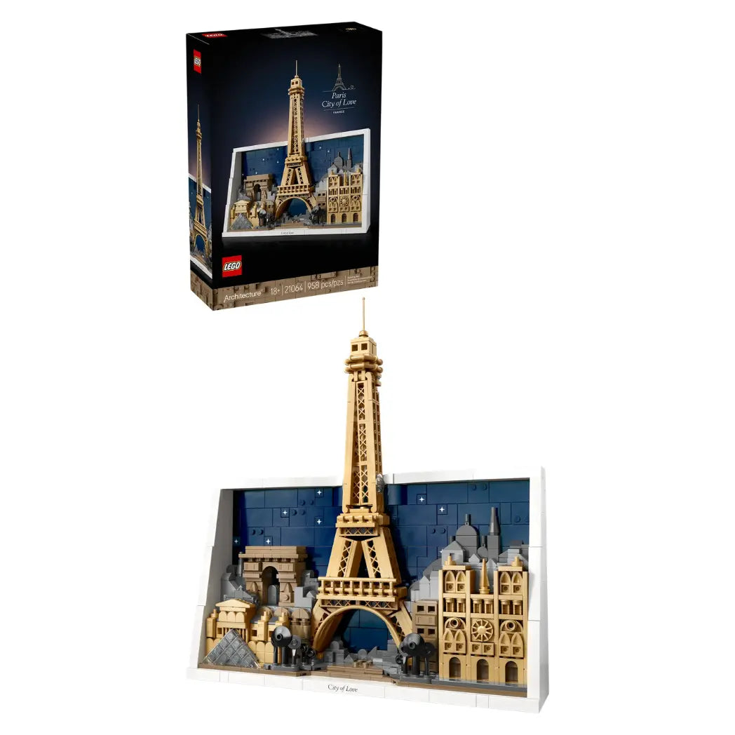 LEGO Paris skyline model and its packaging featuring the Eiffel Tower and Arc de Triomphe against a white background.