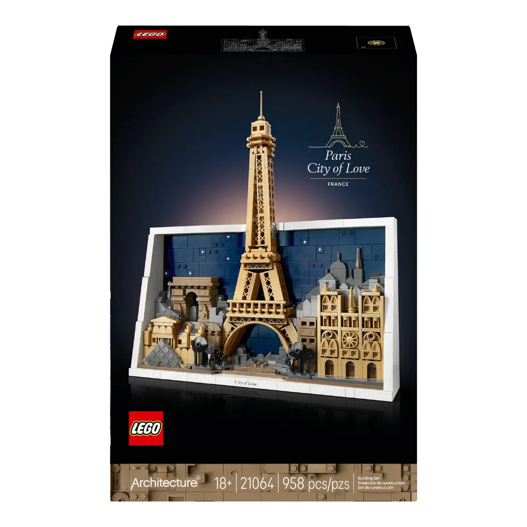 LEGO Architecture Paris box featuring landmarks like the Eiffel Tower and Louvre on a black and dark blue background.