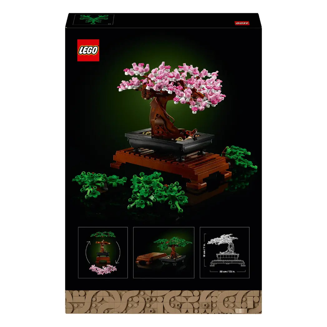 LEGO Bonsai Tree box showing the model with pink cherry blossom leaves and green leaves below on a white background.
